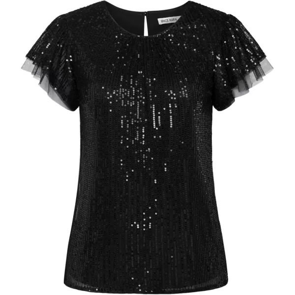 imageGRACE KARIN Womens Sparkly Sequin Tops Short Sleeve Glitter Dressy Blouses Round Neck Club Ruffle Party TopsBlack