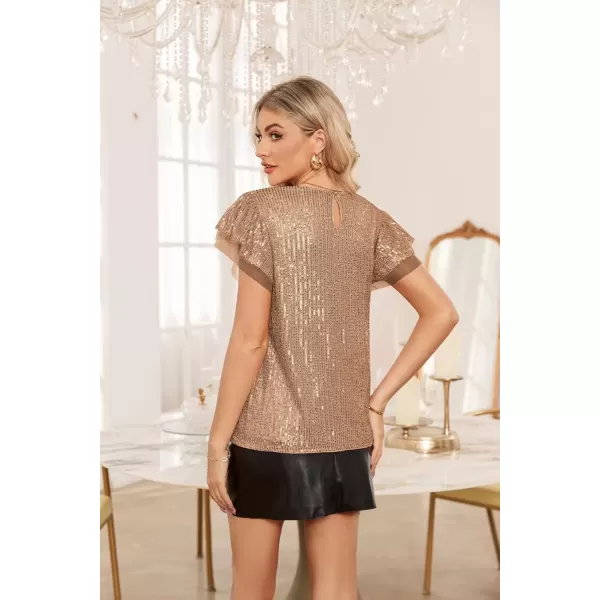 imageGRACE KARIN Womens Sparkly Sequin Tops Short Sleeve Glitter Dressy Blouses Round Neck Club Ruffle Party TopsBrown