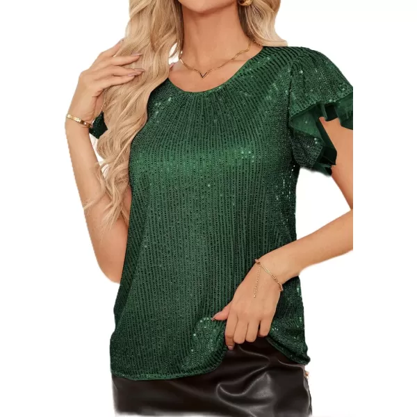 imageGRACE KARIN Womens Sparkly Sequin Tops Short Sleeve Glitter Dressy Blouses Round Neck Club Ruffle Party TopsDark Green