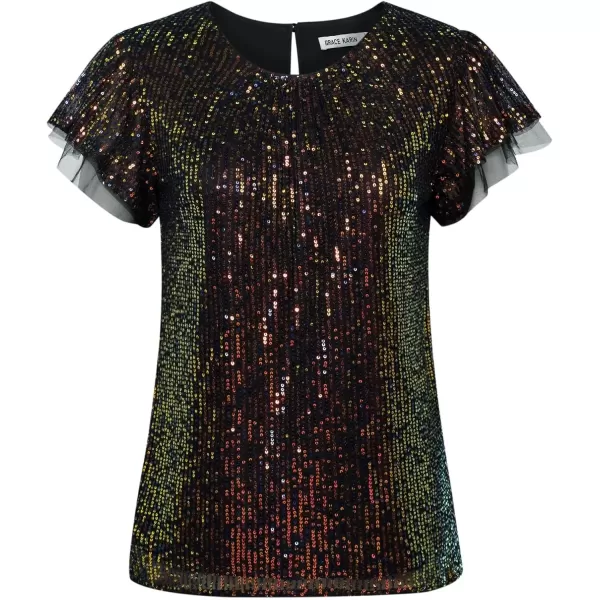 imageGRACE KARIN Womens Sparkly Sequin Tops Short Sleeve Glitter Dressy Blouses Round Neck Club Ruffle Party TopsGreen