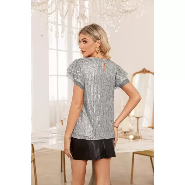 imageGRACE KARIN Womens Sparkly Sequin Tops Short Sleeve Glitter Dressy Blouses Round Neck Club Ruffle Party TopsGrey