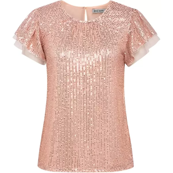 imageGRACE KARIN Womens Sparkly Sequin Tops Short Sleeve Glitter Dressy Blouses Round Neck Club Ruffle Party TopsRose Gold