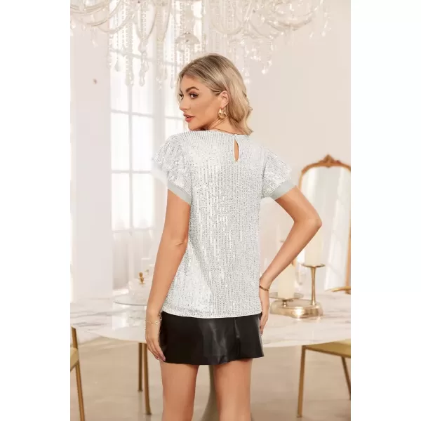 imageGRACE KARIN Womens Sparkly Sequin Tops Short Sleeve Glitter Dressy Blouses Round Neck Club Ruffle Party TopsSilver