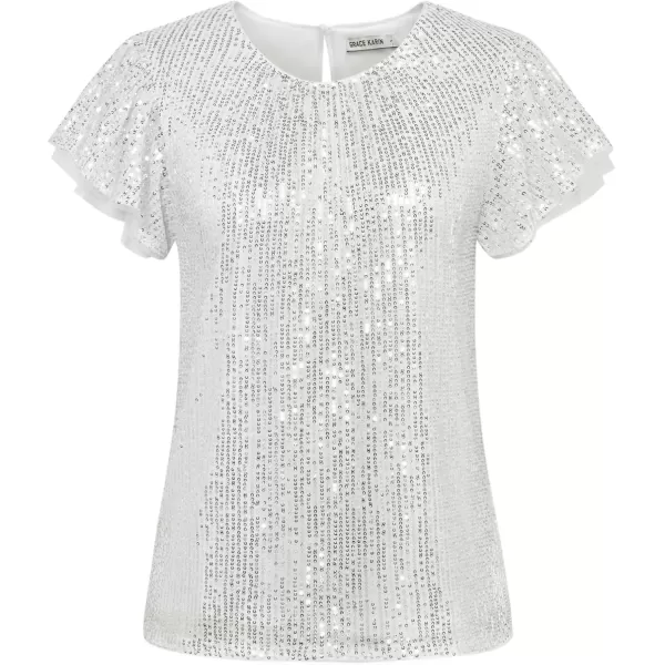 imageGRACE KARIN Womens Sparkly Sequin Tops Short Sleeve Glitter Dressy Blouses Round Neck Club Ruffle Party TopsSilver