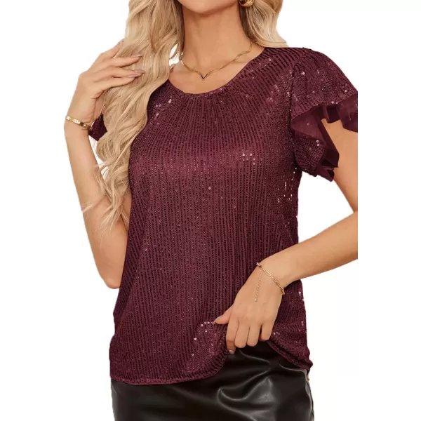 imageGRACE KARIN Womens Sparkly Sequin Tops Short Sleeve Glitter Dressy Blouses Round Neck Club Ruffle Party TopsWine Red