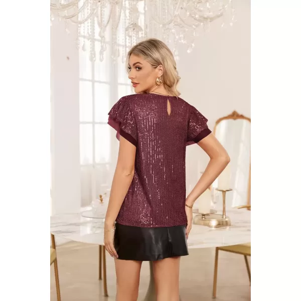 imageGRACE KARIN Womens Sparkly Sequin Tops Short Sleeve Glitter Dressy Blouses Round Neck Club Ruffle Party TopsWine Red