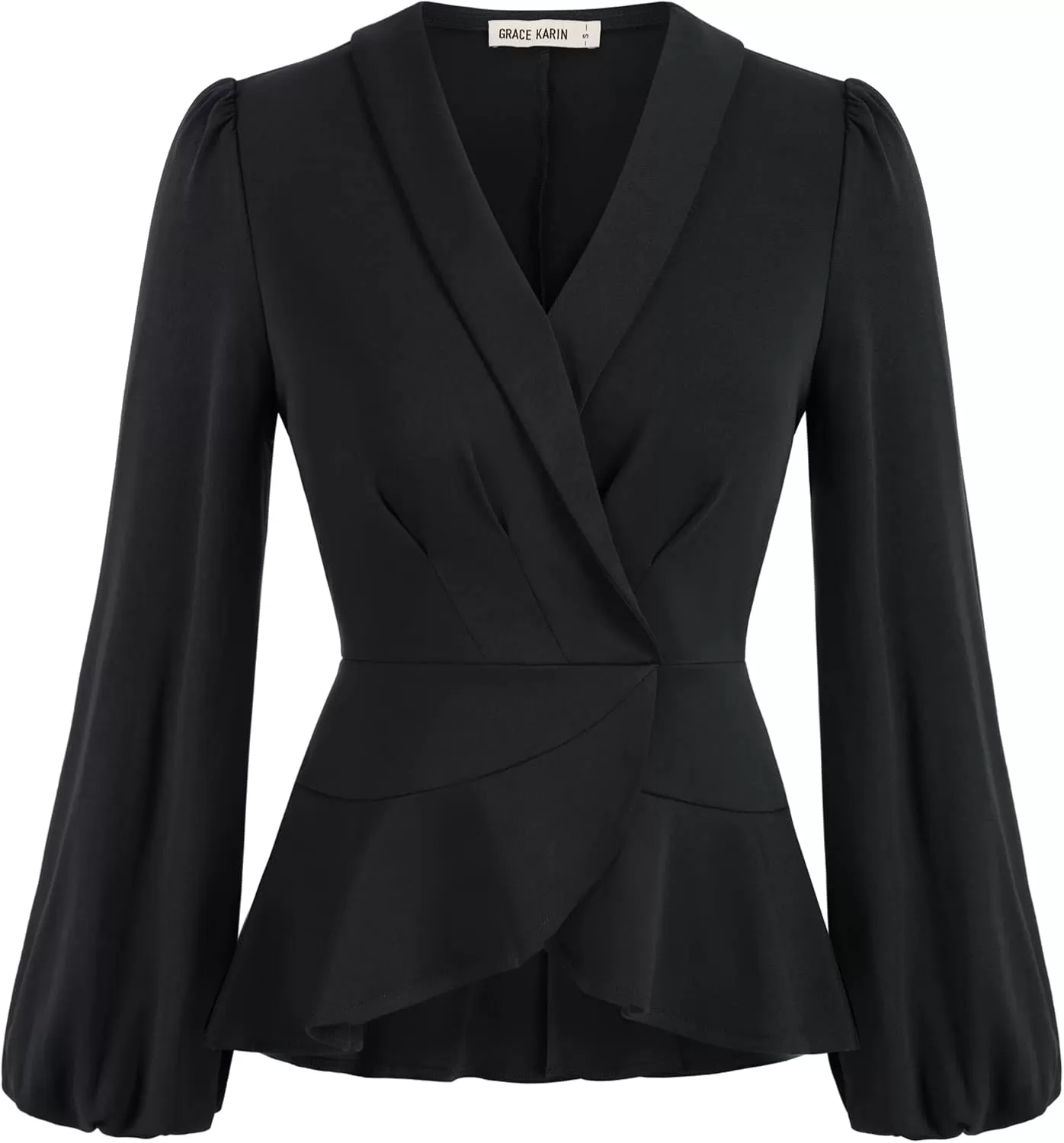 imageGRACE KARIN 2024 Womens Elegant Tops Long Sleeve Wrap Tops V Neck Formal Work Blouses Dressy ShirtsBlack