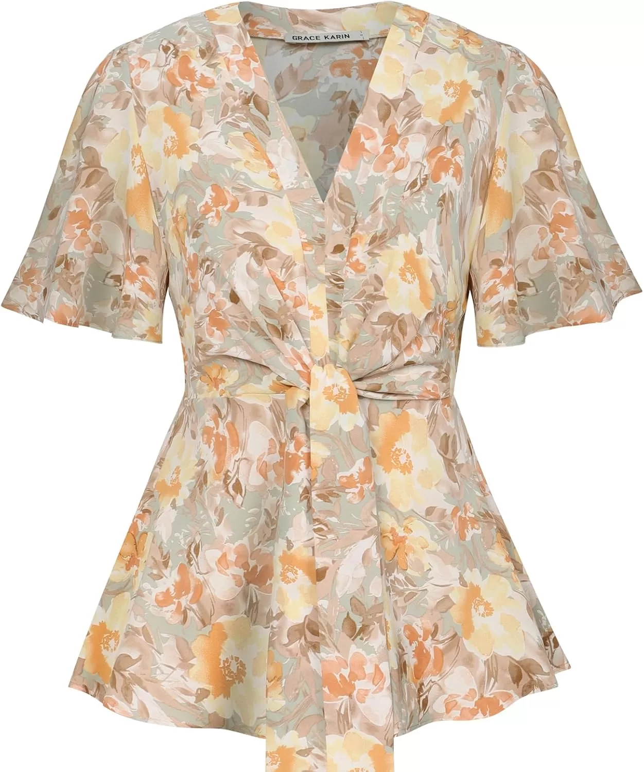 imageGRACE KARIN 2024 Womens Elegant V Neck Floral Peplum Tops Tie Front Short Bell Sleeve Shirts Tops BlouseLight Brown Yellow