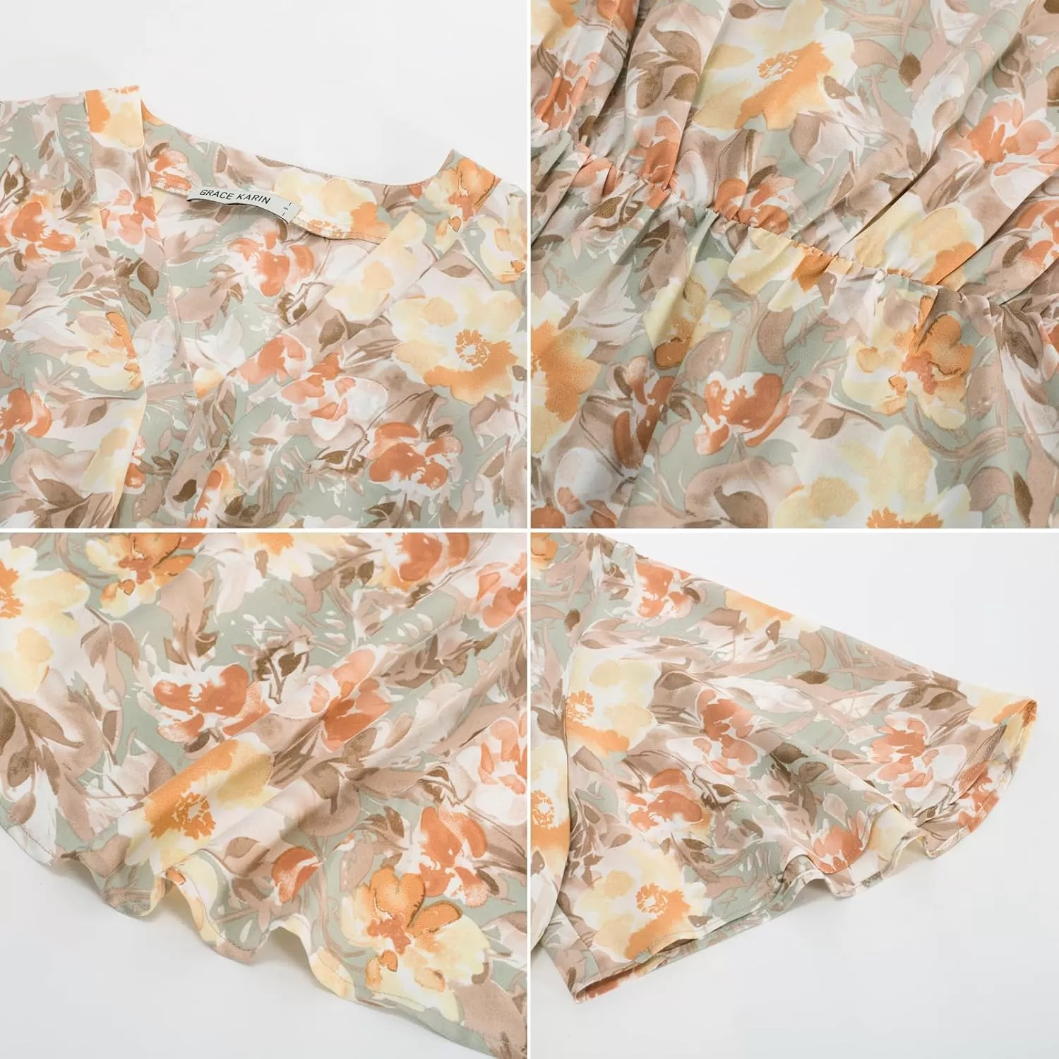 imageGRACE KARIN 2024 Womens Elegant V Neck Floral Peplum Tops Tie Front Short Bell Sleeve Shirts Tops BlouseLight Brown Yellow