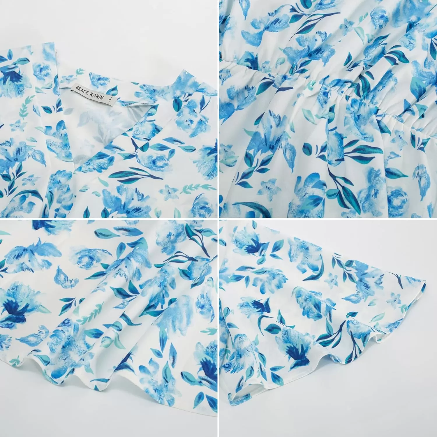 imageGRACE KARIN 2024 Womens Elegant V Neck Floral Peplum Tops Tie Front Short Bell Sleeve Shirts Tops BlouseWhite Blue