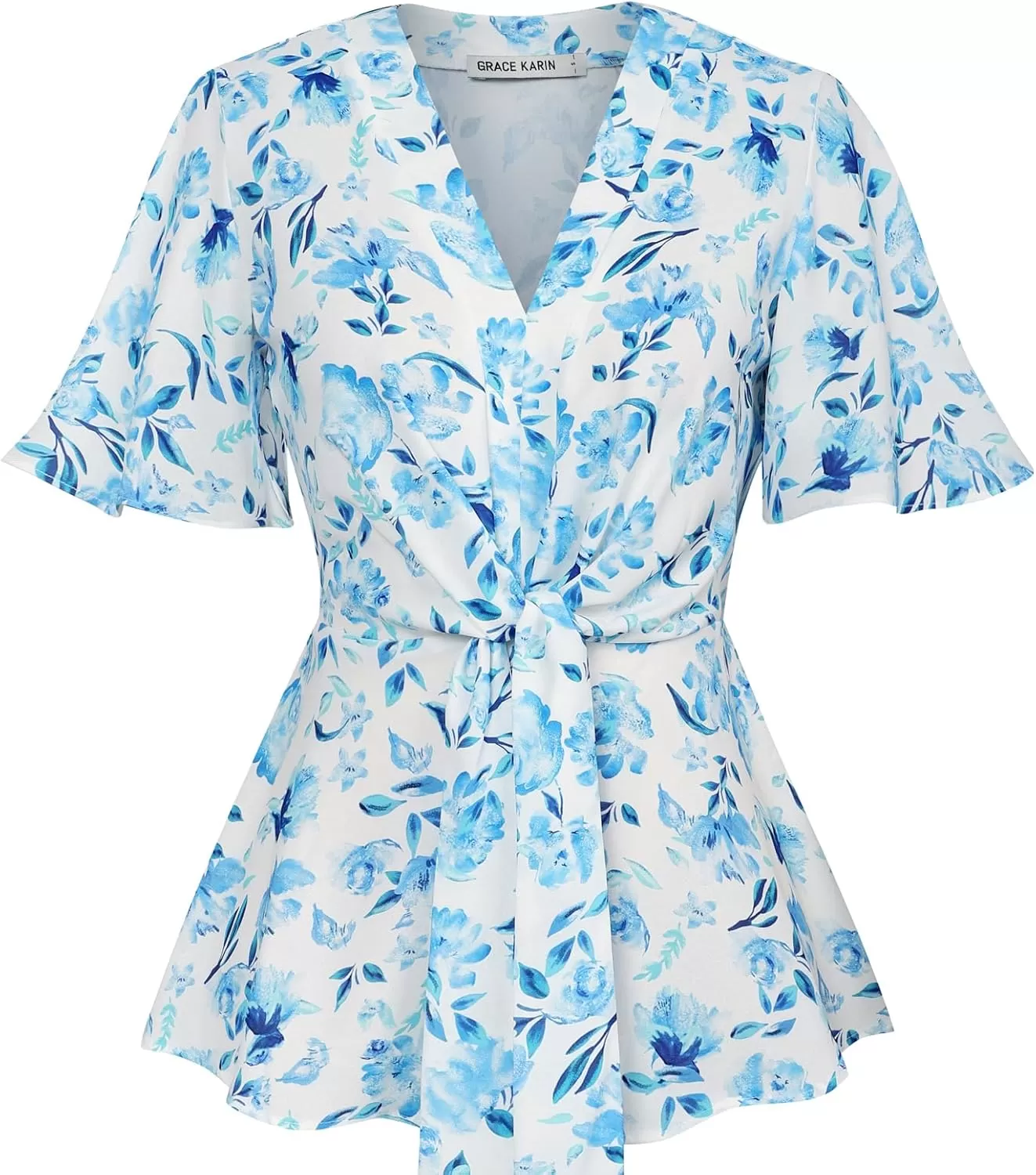 imageGRACE KARIN 2024 Womens Elegant V Neck Floral Peplum Tops Tie Front Short Bell Sleeve Shirts Tops BlouseWhite Blue