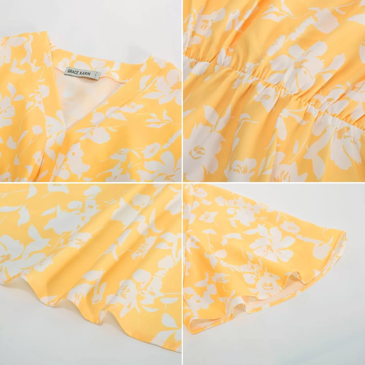 imageGRACE KARIN 2024 Womens Elegant V Neck Floral Peplum Tops Tie Front Short Bell Sleeve Shirts Tops BlouseYellow White