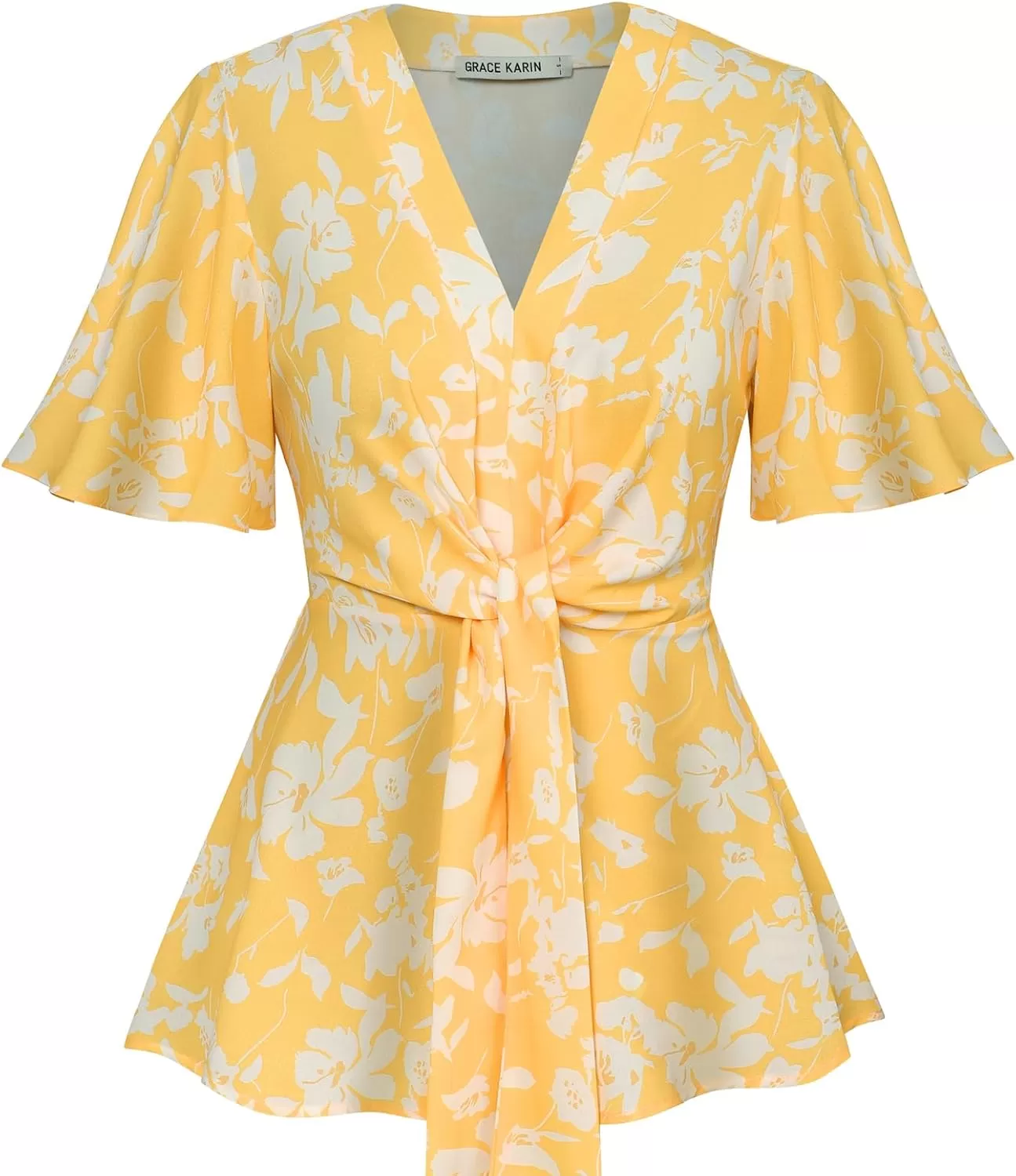 imageGRACE KARIN 2024 Womens Elegant V Neck Floral Peplum Tops Tie Front Short Bell Sleeve Shirts Tops BlouseYellow White