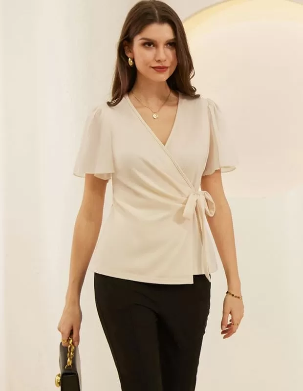 imageGRACE KARIN 2024 Womens Summer Short Sleeve Tops Dressy Casual Chiffon VNeck Wrap Business Work Cute Fitted BlousesApricot