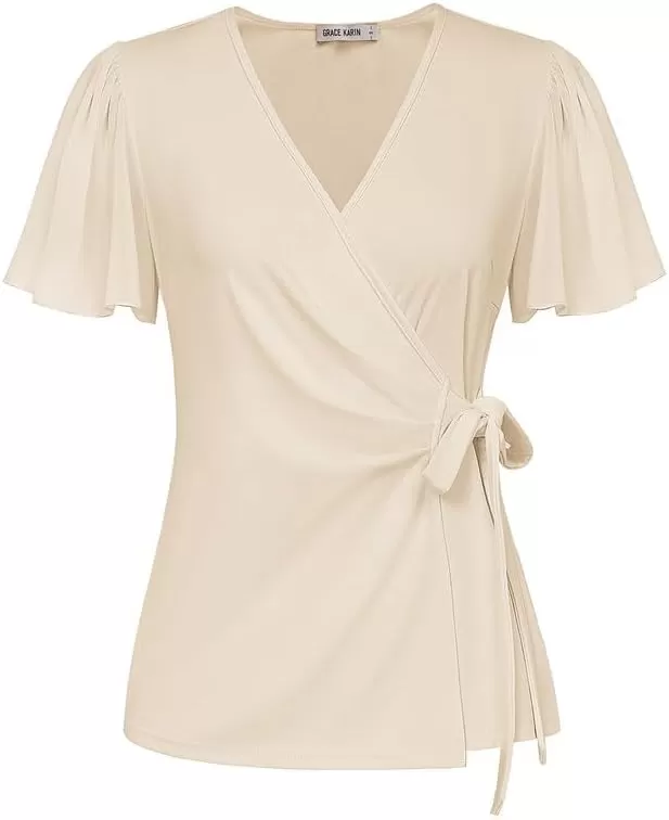 imageGRACE KARIN 2024 Womens Summer Short Sleeve Tops Dressy Casual Chiffon VNeck Wrap Business Work Cute Fitted BlousesApricot