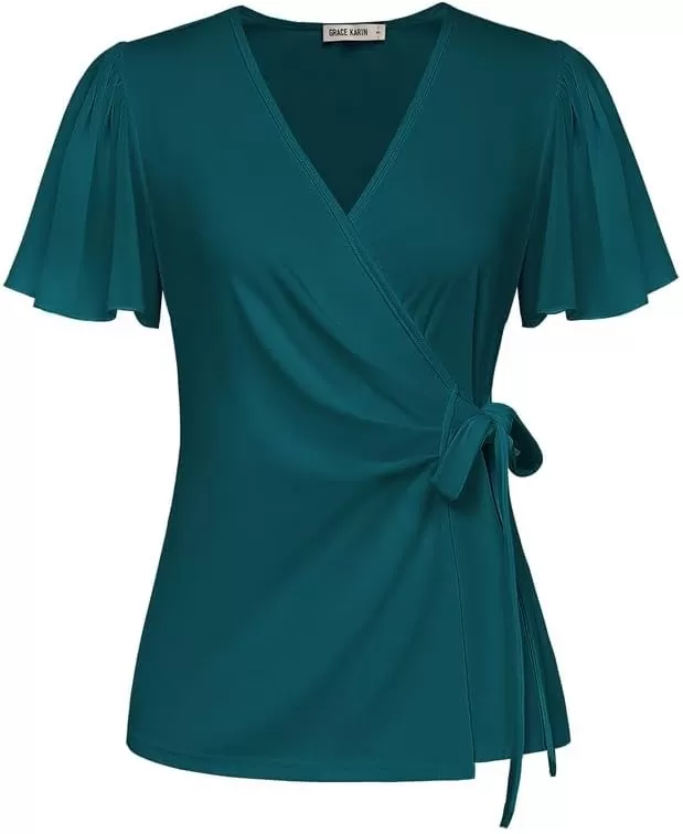 imageGRACE KARIN 2024 Womens Summer Short Sleeve Tops Dressy Casual Chiffon VNeck Wrap Business Work Cute Fitted BlousesBluegreen