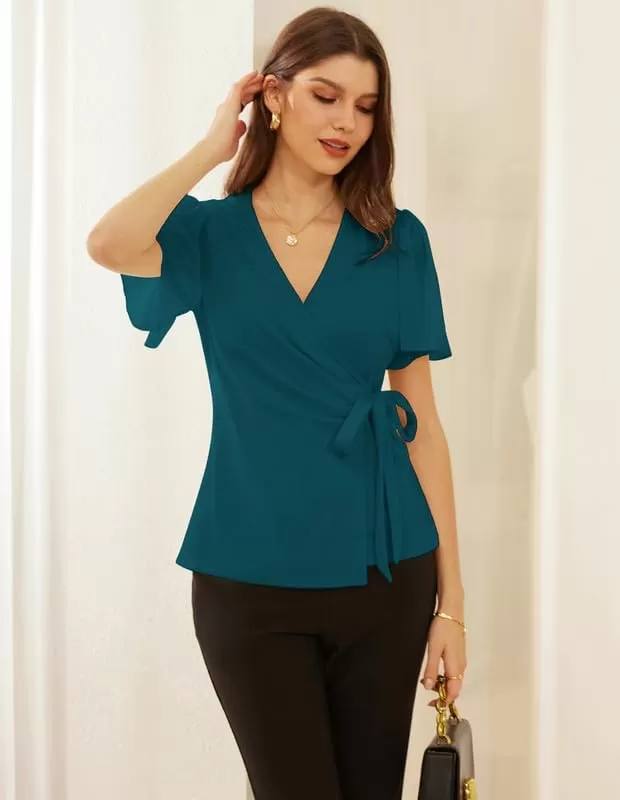 imageGRACE KARIN 2024 Womens Summer Short Sleeve Tops Dressy Casual Chiffon VNeck Wrap Business Work Cute Fitted BlousesBluegreen