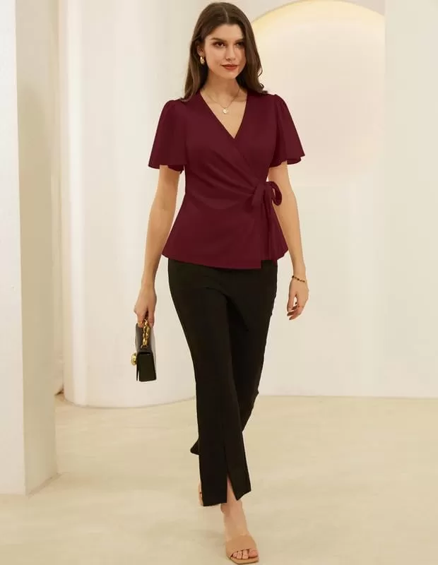 imageGRACE KARIN 2024 Womens Summer Short Sleeve Tops Dressy Casual Chiffon VNeck Wrap Business Work Cute Fitted BlousesBurgundy