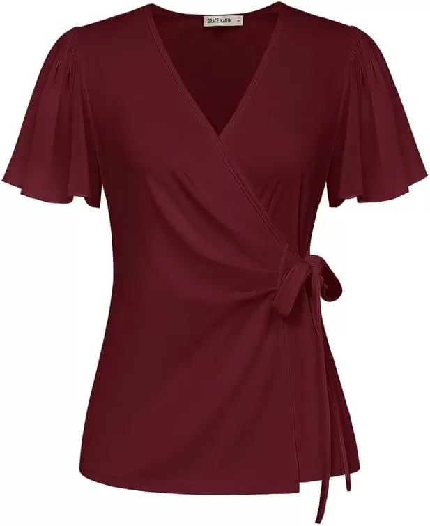 imageGRACE KARIN 2024 Womens Summer Short Sleeve Tops Dressy Casual Chiffon VNeck Wrap Business Work Cute Fitted BlousesBurgundy