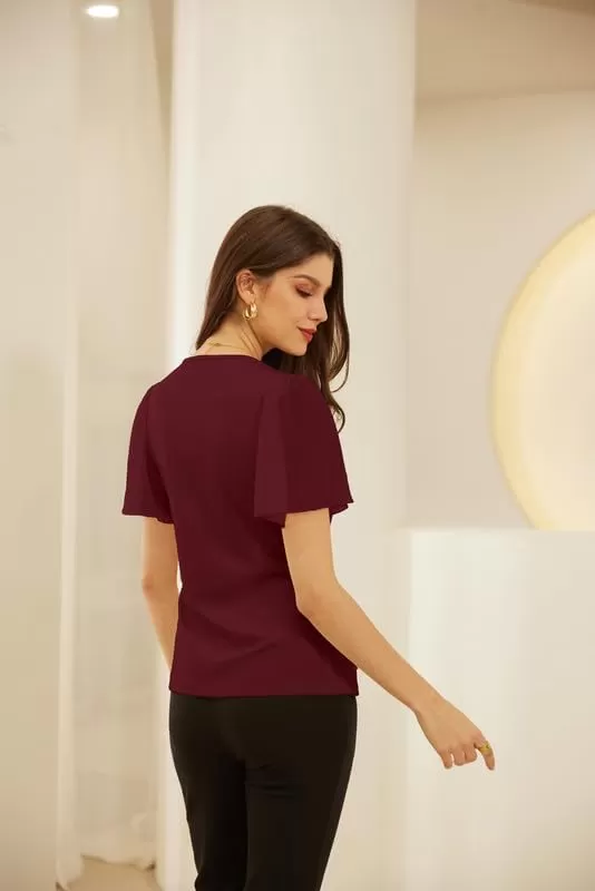 imageGRACE KARIN 2024 Womens Summer Short Sleeve Tops Dressy Casual Chiffon VNeck Wrap Business Work Cute Fitted BlousesBurgundy