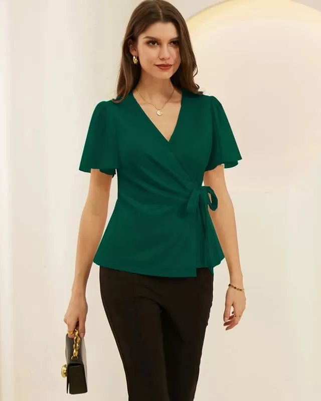 imageGRACE KARIN 2024 Womens Summer Short Sleeve Tops Dressy Casual Chiffon VNeck Wrap Business Work Cute Fitted BlousesDark Green