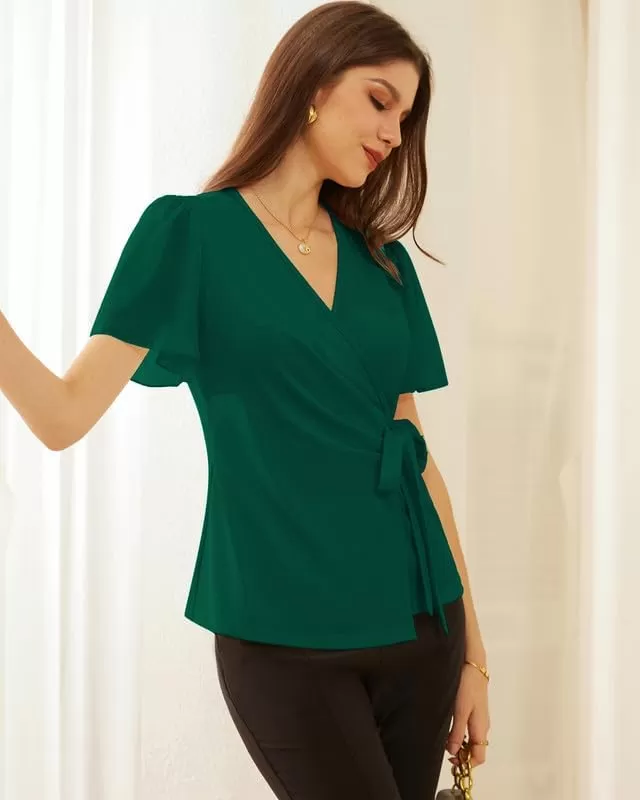 imageGRACE KARIN 2024 Womens Summer Short Sleeve Tops Dressy Casual Chiffon VNeck Wrap Business Work Cute Fitted BlousesDark Green