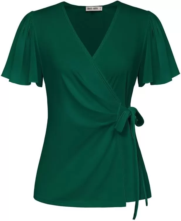 imageGRACE KARIN 2024 Womens Summer Short Sleeve Tops Dressy Casual Chiffon VNeck Wrap Business Work Cute Fitted BlousesDark Green