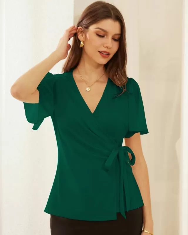 imageGRACE KARIN 2024 Womens Summer Short Sleeve Tops Dressy Casual Chiffon VNeck Wrap Business Work Cute Fitted BlousesDark Green