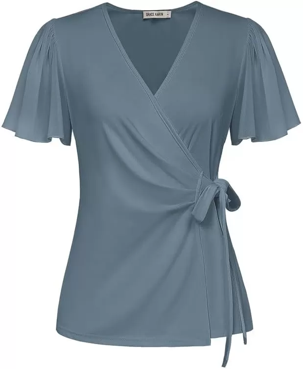 imageGRACE KARIN 2024 Womens Summer Short Sleeve Tops Dressy Casual Chiffon VNeck Wrap Business Work Cute Fitted BlousesGray Blue