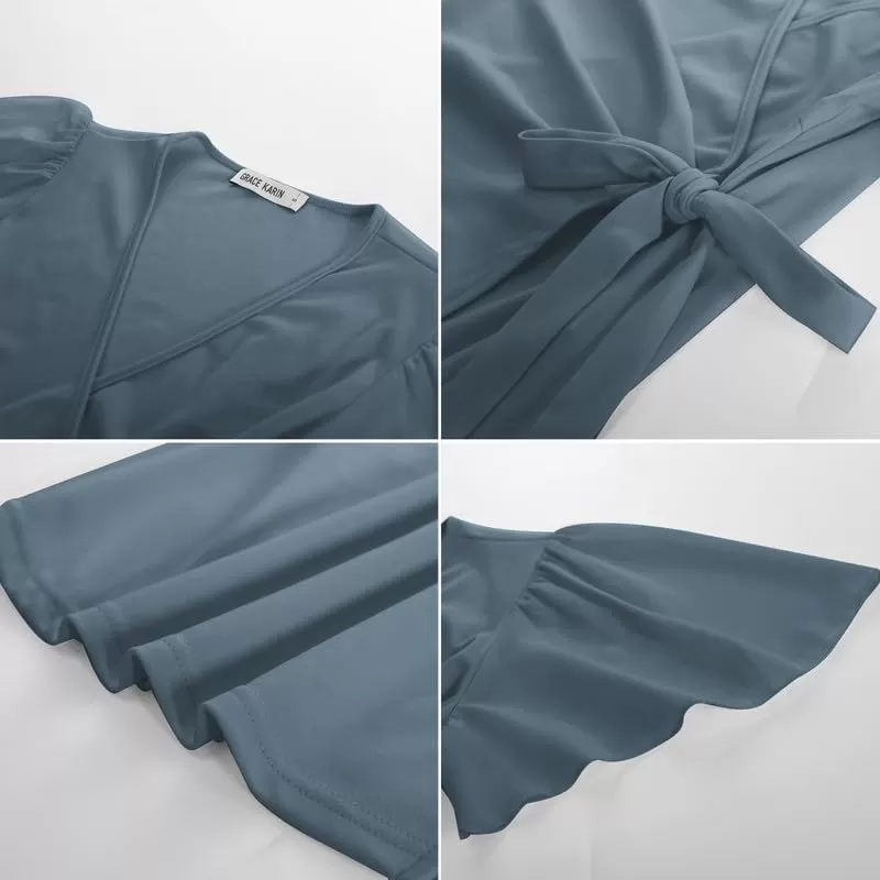 imageGRACE KARIN 2024 Womens Summer Short Sleeve Tops Dressy Casual Chiffon VNeck Wrap Business Work Cute Fitted BlousesGray Blue