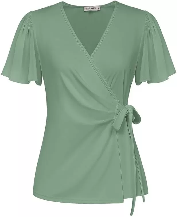 imageGRACE KARIN 2024 Womens Summer Short Sleeve Tops Dressy Casual Chiffon VNeck Wrap Business Work Cute Fitted BlousesGray Green