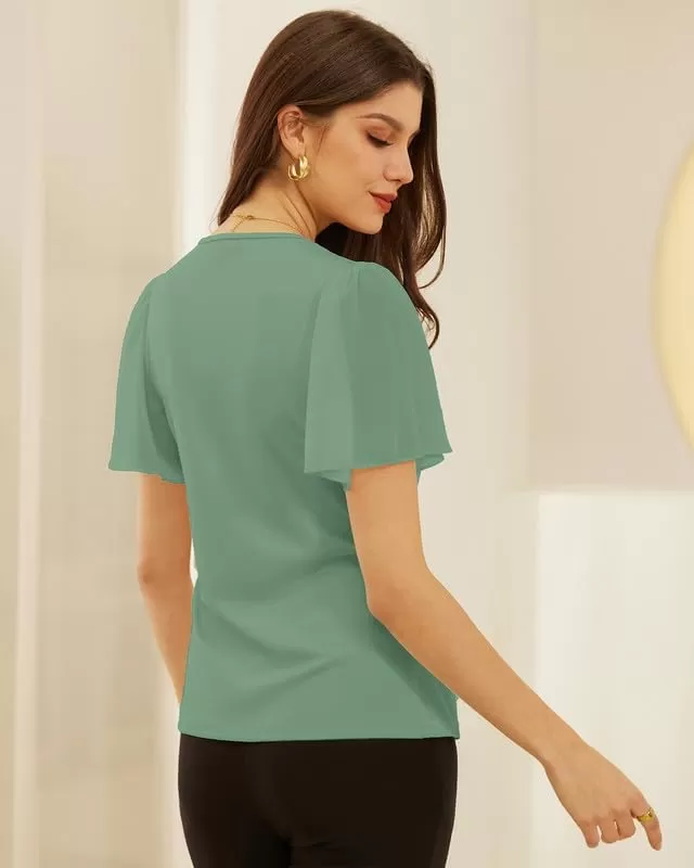 imageGRACE KARIN 2024 Womens Summer Short Sleeve Tops Dressy Casual Chiffon VNeck Wrap Business Work Cute Fitted BlousesGray Green