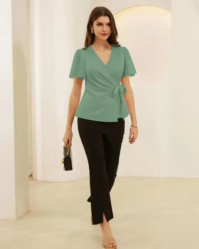 imageGRACE KARIN 2024 Womens Summer Short Sleeve Tops Dressy Casual Chiffon VNeck Wrap Business Work Cute Fitted BlousesGray Green
