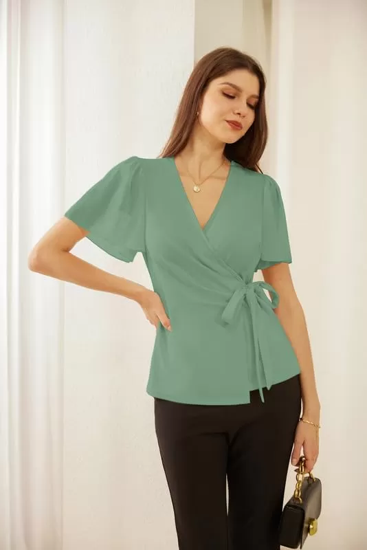 imageGRACE KARIN 2024 Womens Summer Short Sleeve Tops Dressy Casual Chiffon VNeck Wrap Business Work Cute Fitted BlousesGray Green