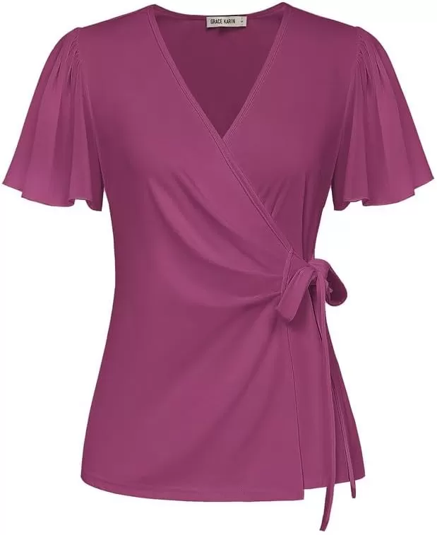 imageGRACE KARIN 2024 Womens Summer Short Sleeve Tops Dressy Casual Chiffon VNeck Wrap Business Work Cute Fitted BlousesRose Purple