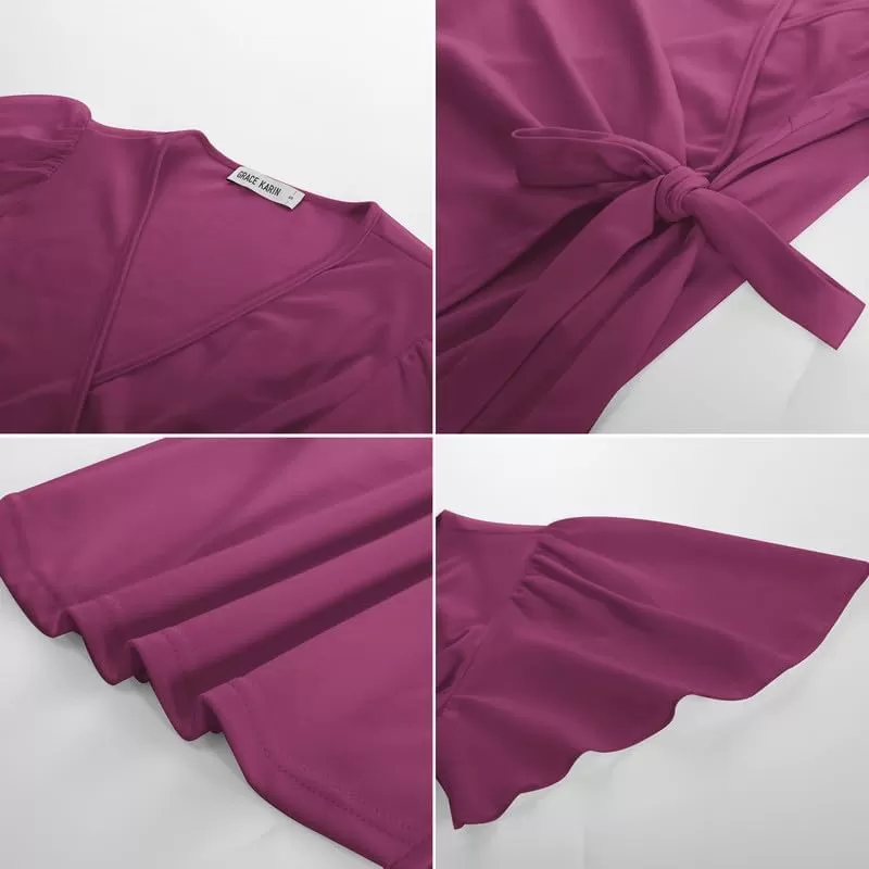 imageGRACE KARIN 2024 Womens Summer Short Sleeve Tops Dressy Casual Chiffon VNeck Wrap Business Work Cute Fitted BlousesRose Purple