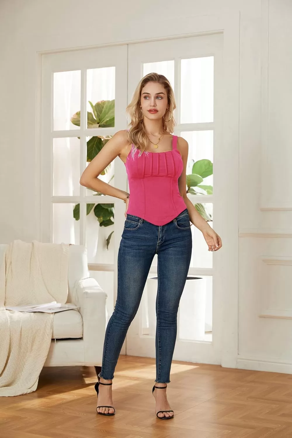 imageGRACE KARIN Bustier Corset Top for Women Sexy Slim Cami Tank Top Black White Summer Sleeveless PartyRose Red