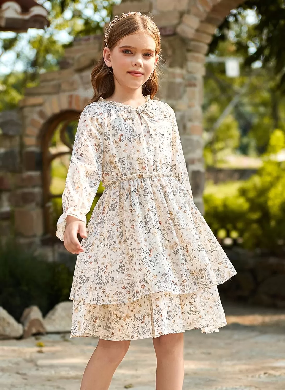 imageGRACE KARIN Girls Fall Long Sleeve Dress Formal Party Holiday Smocked Waist Midi Dresses 512YearsBeige