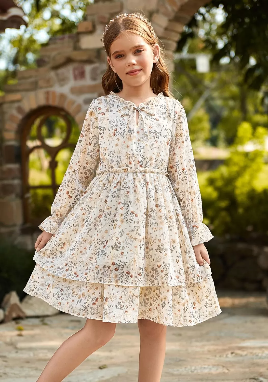 imageGRACE KARIN Girls Fall Long Sleeve Dress Formal Party Holiday Smocked Waist Midi Dresses 512YearsBeige