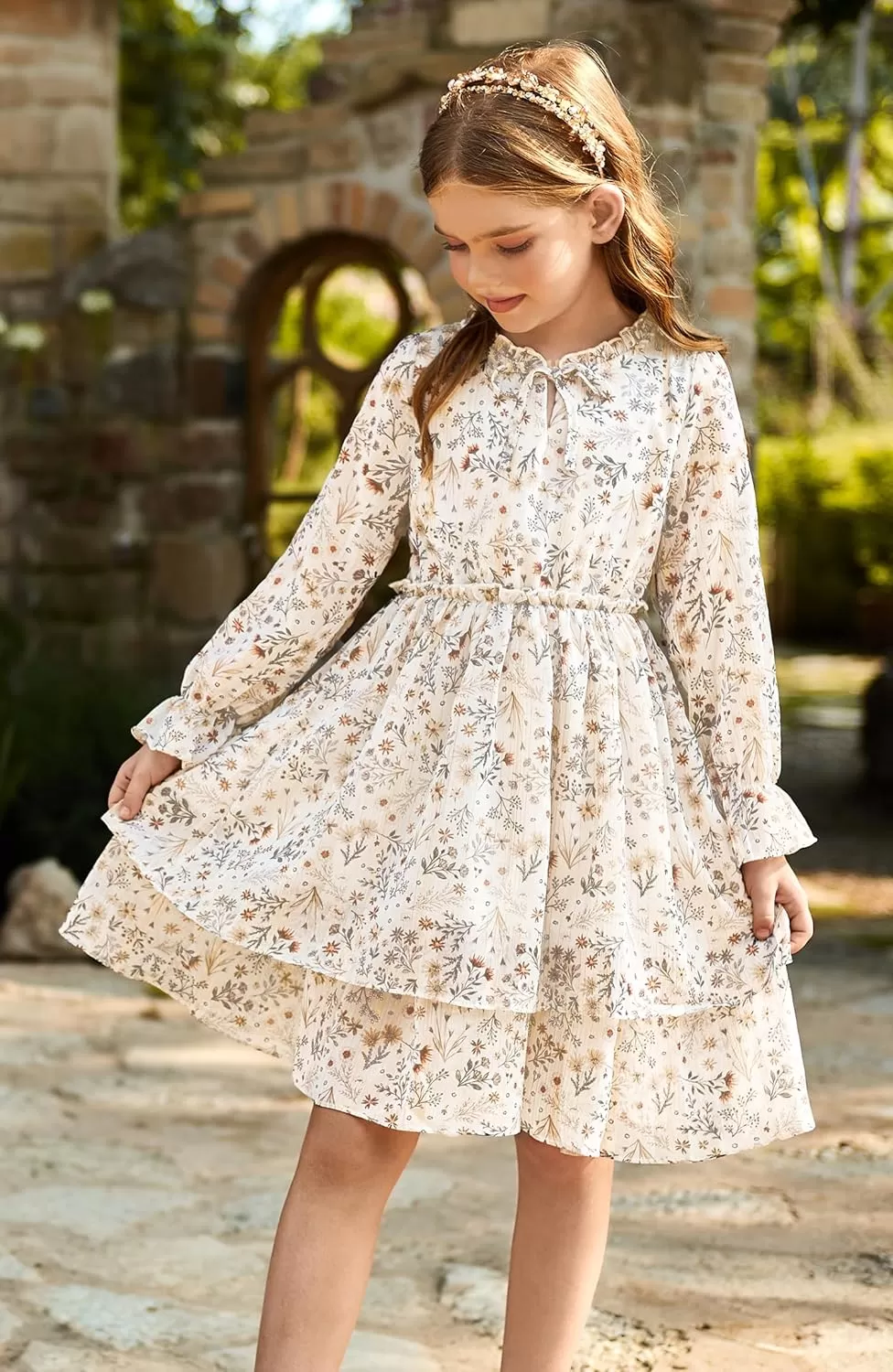 imageGRACE KARIN Girls Fall Long Sleeve Dress Formal Party Holiday Smocked Waist Midi Dresses 512YearsBeige