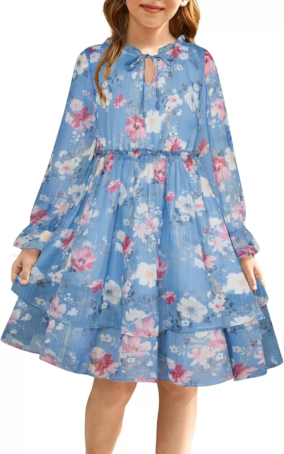 imageGRACE KARIN Girls Fall Long Sleeve Dress Formal Party Holiday Smocked Waist Midi Dresses 512YearsGray Blue