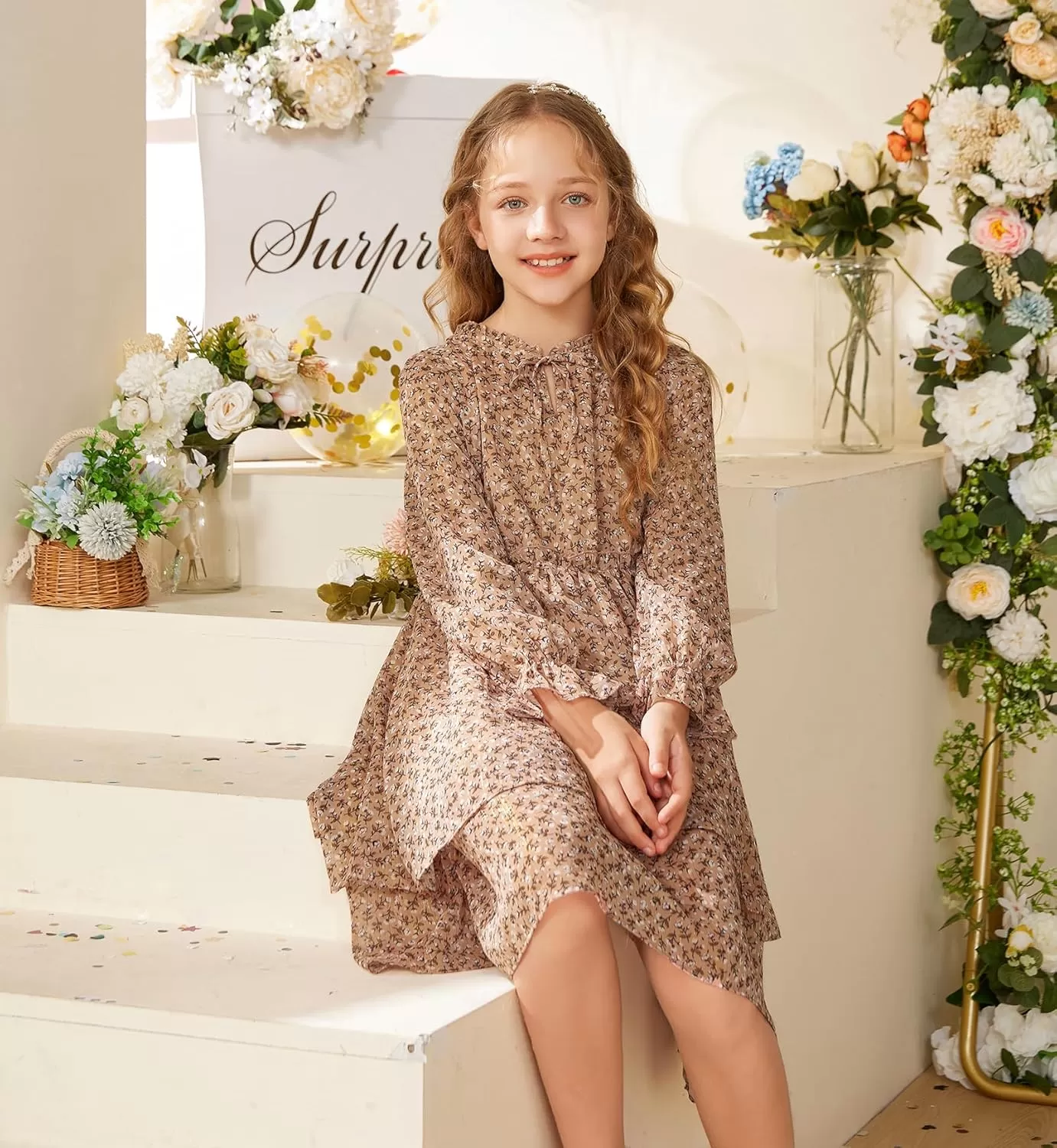 imageGRACE KARIN Girls Fall Long Sleeve Dress Formal Party Holiday Smocked Waist Midi Dresses 512YearsKhaki