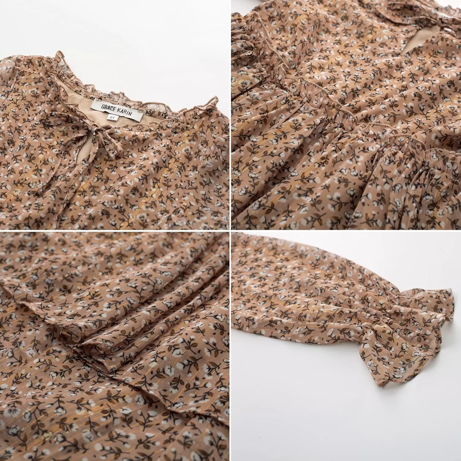 imageGRACE KARIN Girls Fall Long Sleeve Dress Formal Party Holiday Smocked Waist Midi Dresses 512YearsKhaki