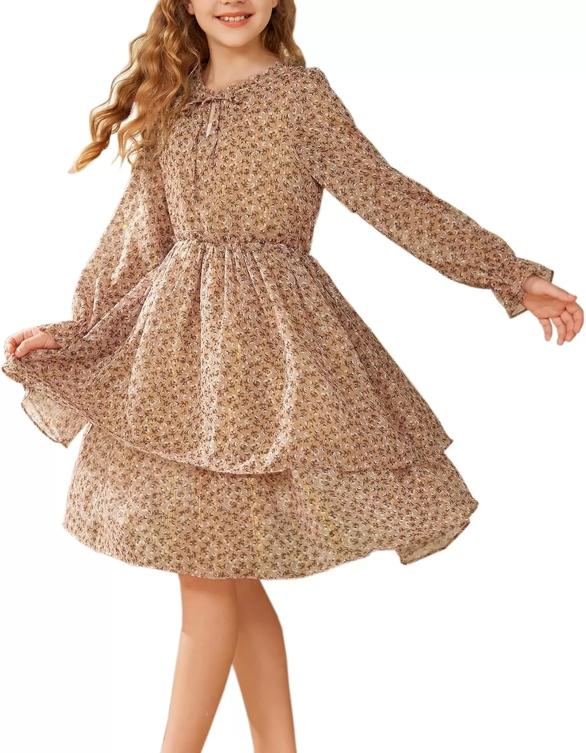 imageGRACE KARIN Girls Fall Long Sleeve Dress Formal Party Holiday Smocked Waist Midi Dresses 512YearsKhaki