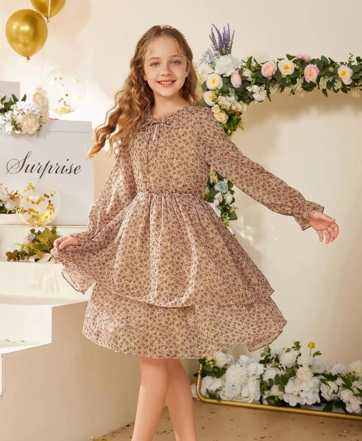 imageGRACE KARIN Girls Fall Long Sleeve Dress Formal Party Holiday Smocked Waist Midi Dresses 512YearsKhaki