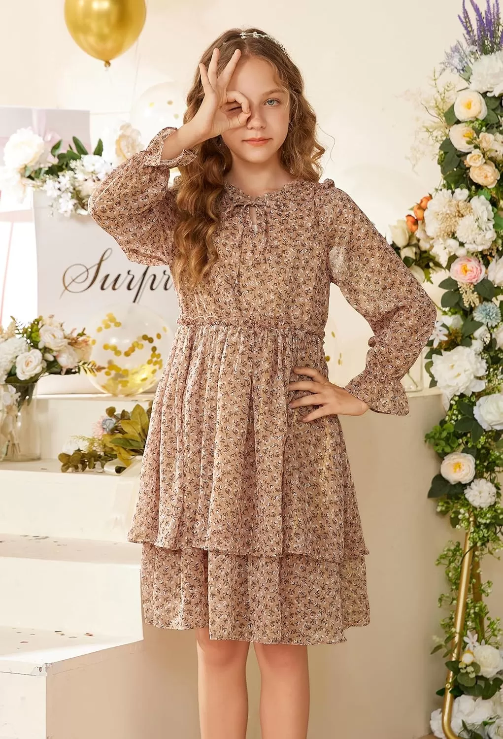 imageGRACE KARIN Girls Fall Long Sleeve Dress Formal Party Holiday Smocked Waist Midi Dresses 512YearsKhaki