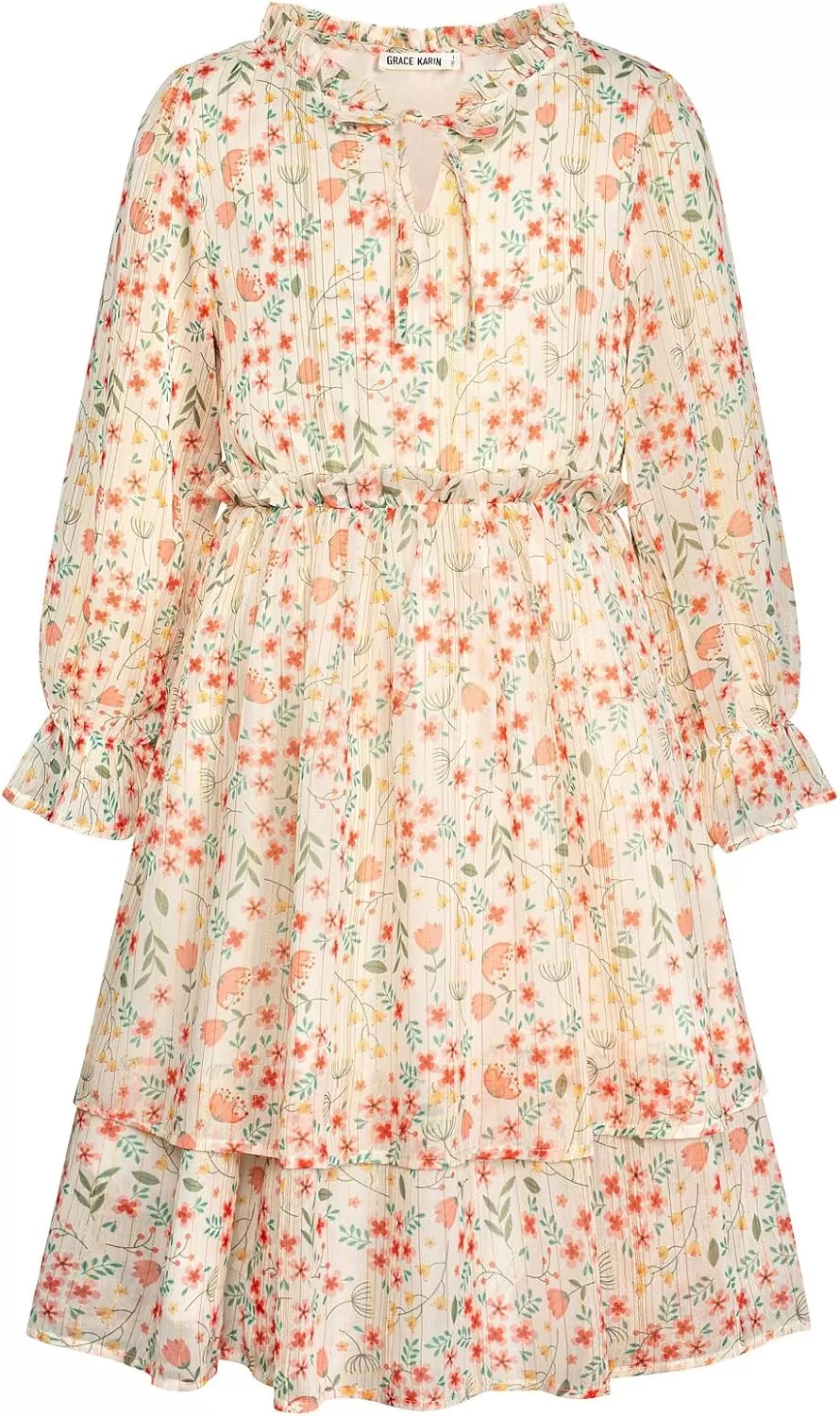 imageGRACE KARIN Girls Fall Long Sleeve Dress Formal Party Holiday Smocked Waist Midi Dresses 512YearsPink Floral