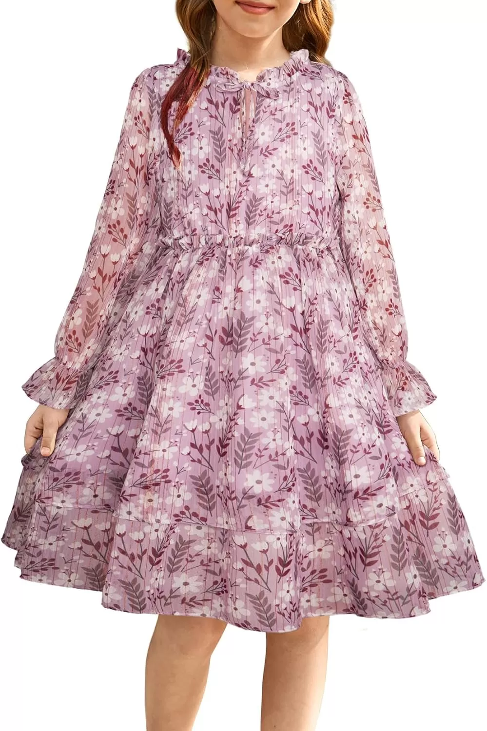 imageGRACE KARIN Girls Fall Long Sleeve Dress Formal Party Holiday Smocked Waist Midi Dresses 512YearsPurple White Floral