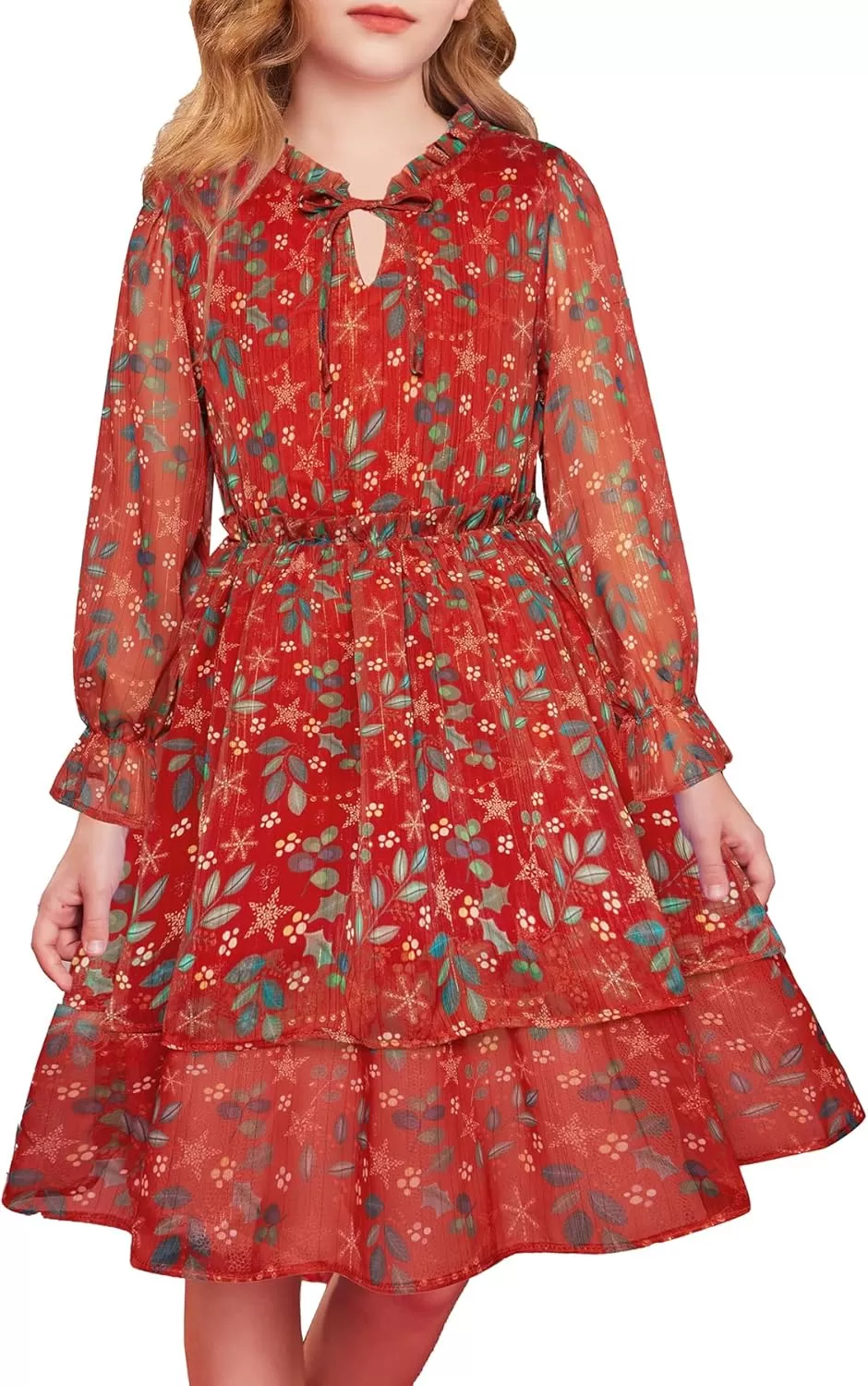 imageGRACE KARIN Girls Fall Long Sleeve Dress Formal Party Holiday Smocked Waist Midi Dresses 512YearsRed Leaves