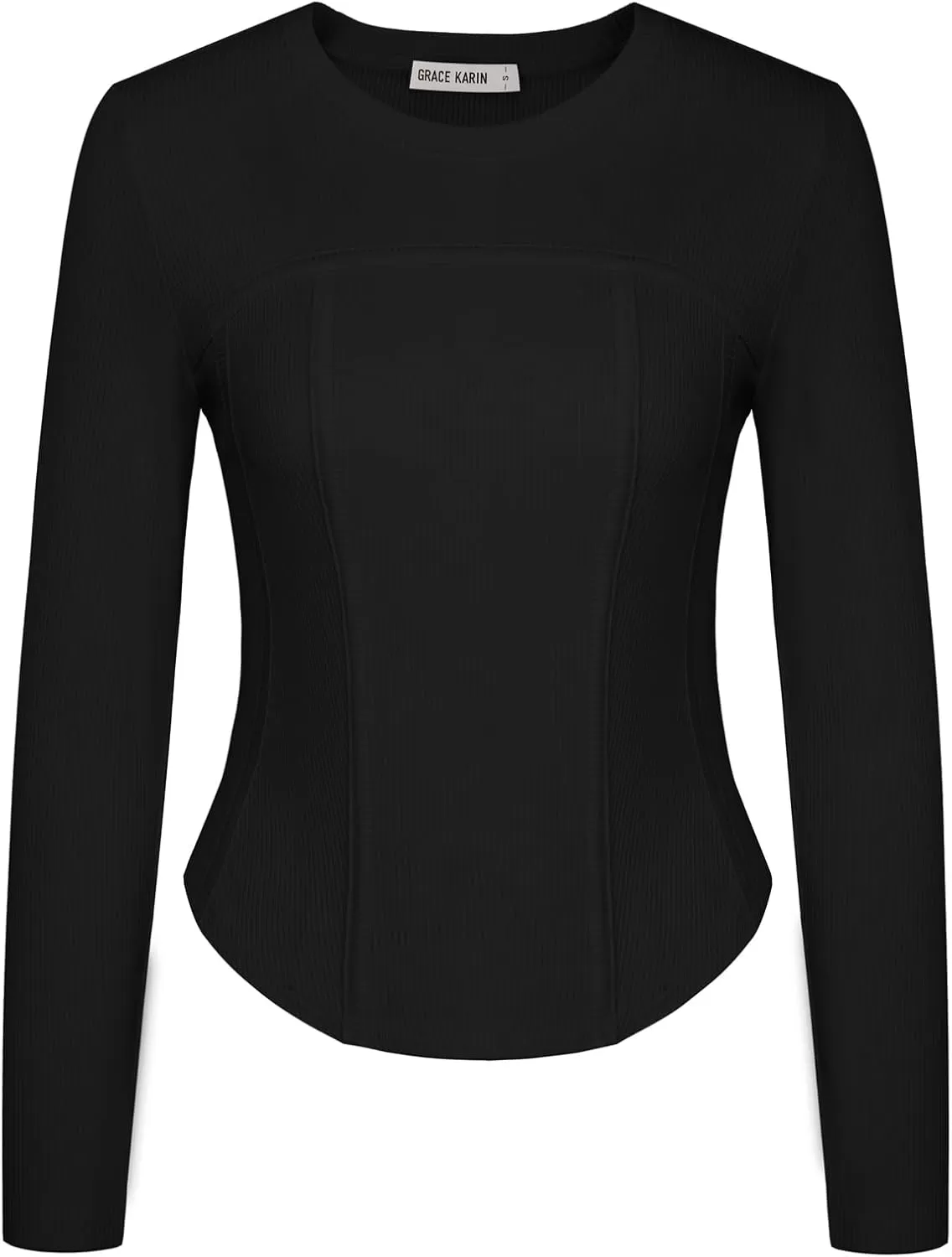 imageGRACE KARIN Women Long Sleeve Crew Neck Shirts Crop Tops Fall Fashion Knit Slim Fitted Corset TeeBlack